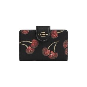 $218 Retail Coach Medium Corner Zip Black Leather Snap Wallet Red Cherry Print